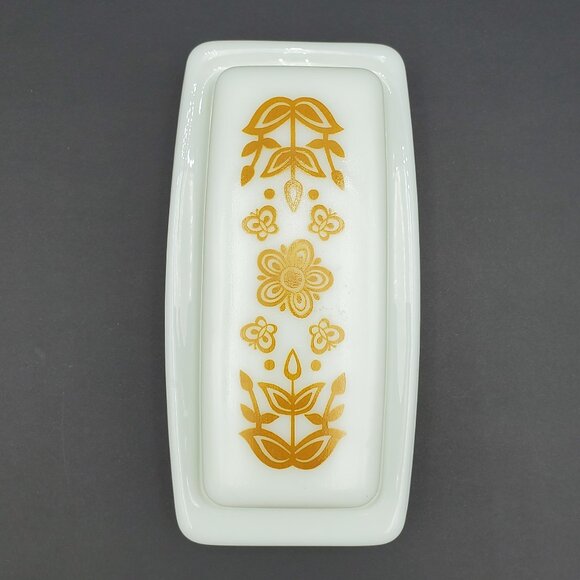 Pyrex Butterfly Gold Covered Butter Dish Gold Flower on White Lidded Butter Dish - Picture 2 of 7